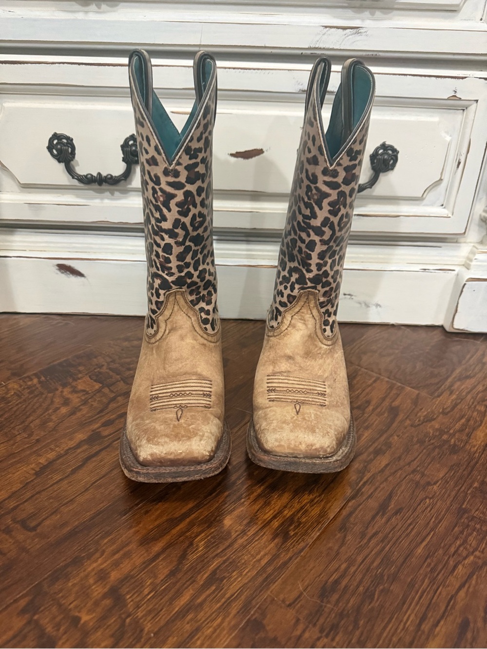 Ariat Leopard Print Shaft Tan Foot Lace-Up Cowboy Boots